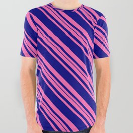 [ Thumbnail: Hot Pink and Blue Colored Striped Pattern All Over Graphic Tee ]