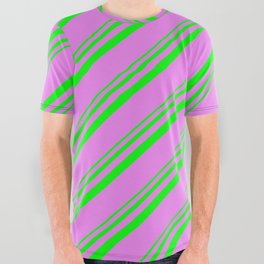[ Thumbnail: Lime and Violet Colored Striped Pattern All Over Graphic Tee ]