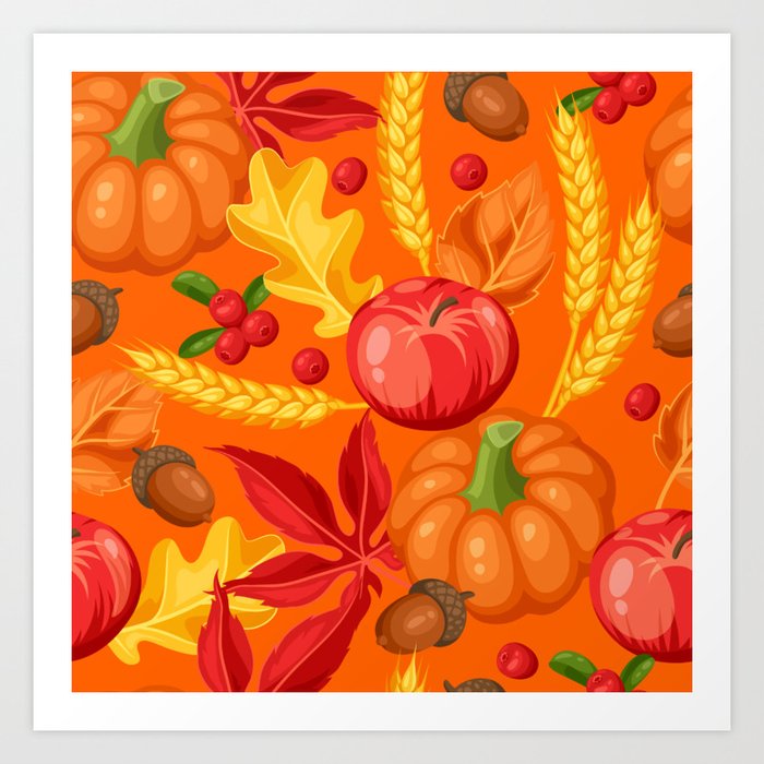 Orange Pumpkin Wheat Tomatoes Design Art Print