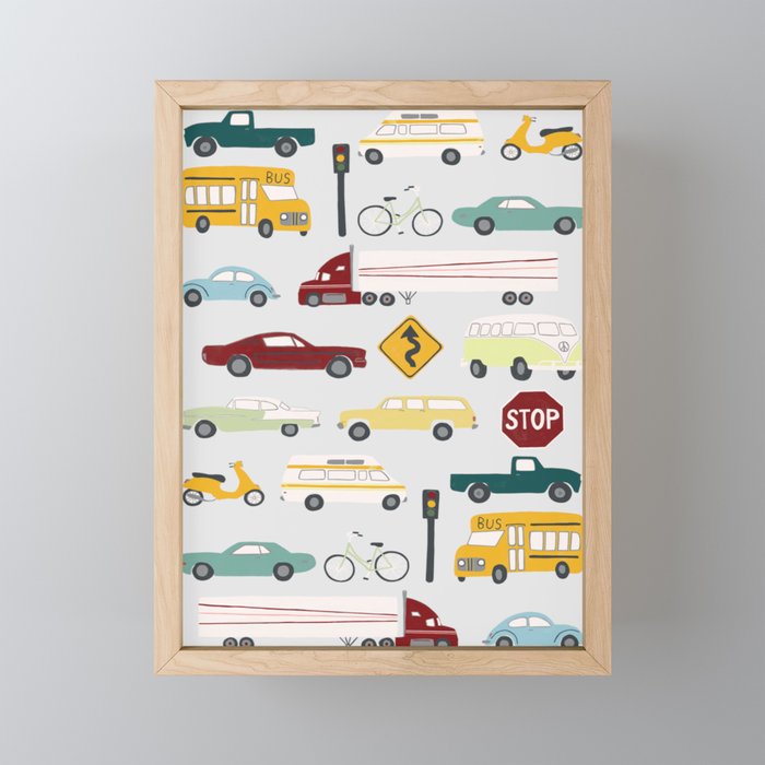 Beep Beep! Cars and Trucks Traffic Pattern Framed Mini Art Print