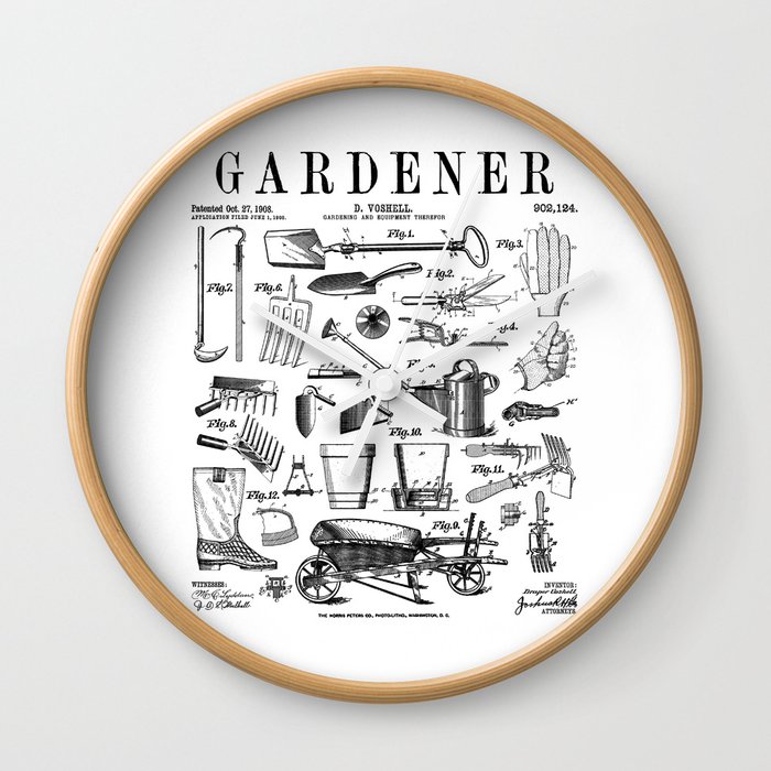 Gardener Gardening Garden Plant Tools Vintage Patent Print Wall Clock