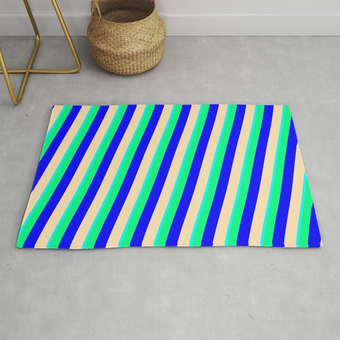 Cyan, Green, Blue & Beige Colored Lined Pattern Rug