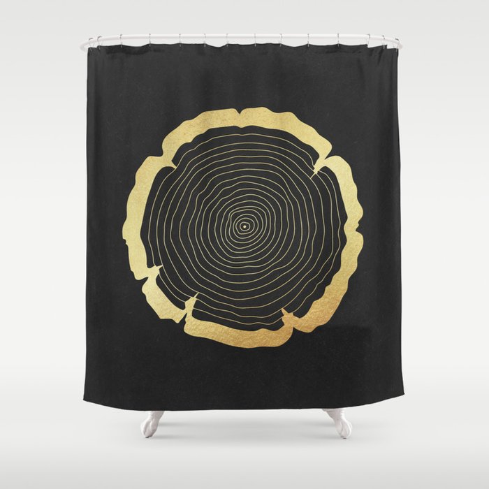 Metallic Gold Tree Ring On Black Shower Curtain