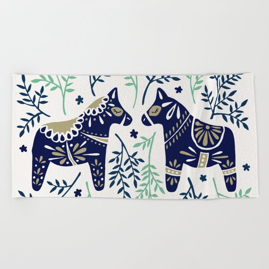Swedish Dala Horse – Navy & Mint Palette Beach Towel