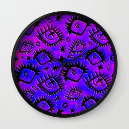 Weird Alternative Eyes and Doodles Watercolor Abstract (purple) Wall Clock