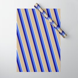 [ Thumbnail: Royal Blue, Dark Blue, Tan & Light Cyan Colored Stripes/Lines Pattern Wrapping Paper ]