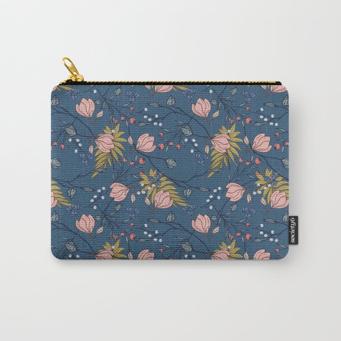 Magnolia Branches and Berries with Springtime Botanicals in Pink and Blue Carry-All Pouch