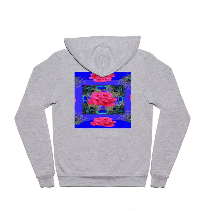 CONTEMPORARY PINK ROSES & PEACOCK FEATHERS BLUE ART Hoody
