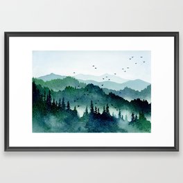 Watercolor Mountains - Handpainted Landscape Art Pine Trees Forest Wanderlust Framed Art Print