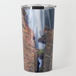 Gljufrabui Waterfall Narrow Canyon with Wedged Boulder Iceland  Travel Mug