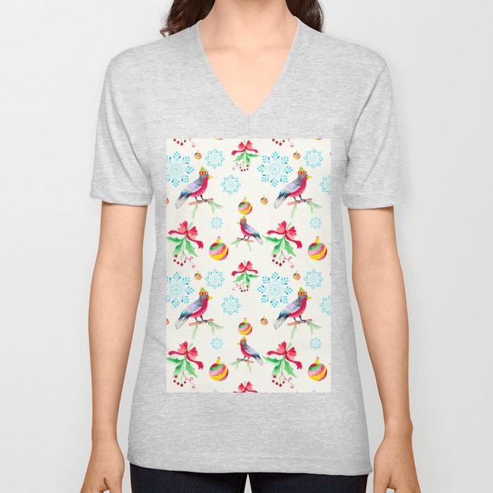 Christmas Pattern Watercolor Bird Bauble Mistletoe V Neck T Shirt