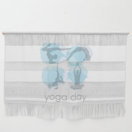 Yoga day workout silhouettes on watercolor paint splashes	 Wall Hanging