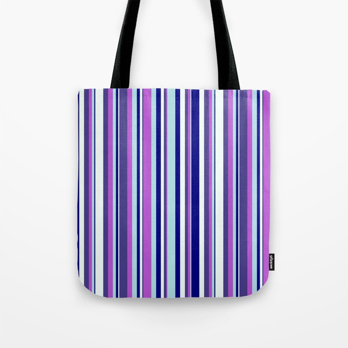 Colorful Blue, Powder Blue, Orchid, Dark Slate Blue & Mint Cream Colored Lined/Striped Pattern Tote Bag