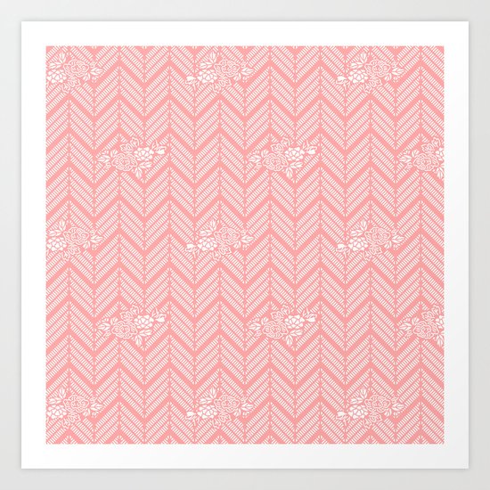 Coral Pink Chevron Floral Art Print