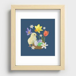 Colorful pattern with easter chicks, easter nests, tulips, daffodils, crocuses, wood anemones Recessed Framed Print