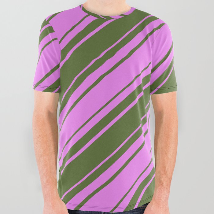 Violet and Dark Olive Green Colored Lines/Stripes Pattern All Over Graphic Tee