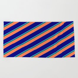 [ Thumbnail: Light Sky Blue, Teal, Coral, and Blue Colored Stripes Pattern Beach Towel ]