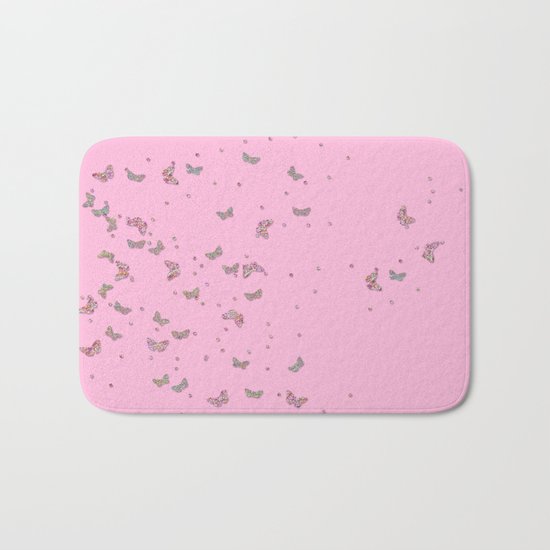 Animal - Animals Butterflies Butterfly diamonds and glitter effect on pink Bath Mat