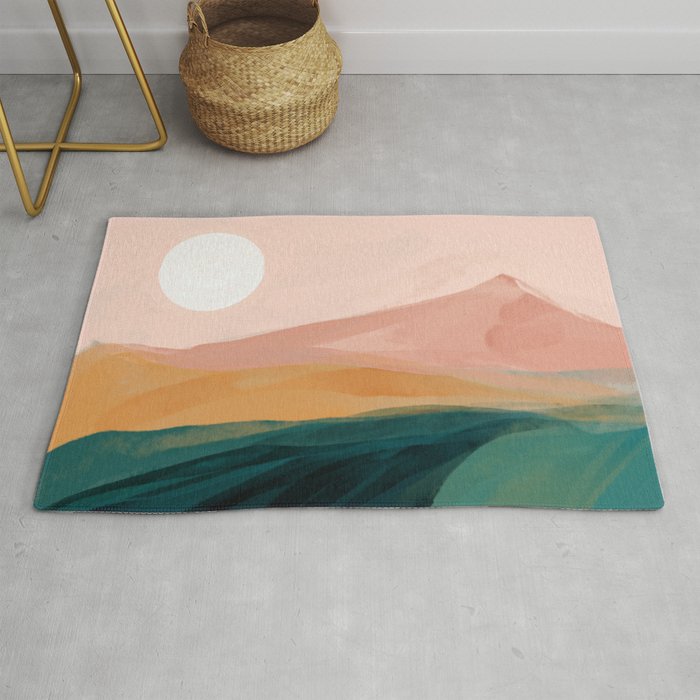 pink, green, gold moon watercolor mountains Rug