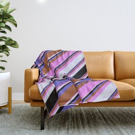 [ Thumbnail: Vibrant Violet, Lavender, Black, Slate Blue, and Sienna Colored Lines/Stripes Pattern Throw Blanket ]