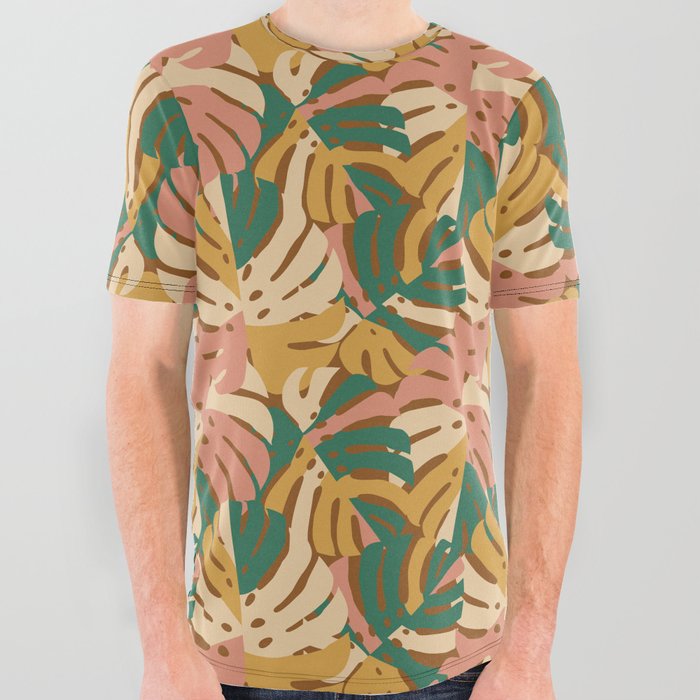 Monstera Leaves - Gold - Green - Pink All Over Graphic Tee