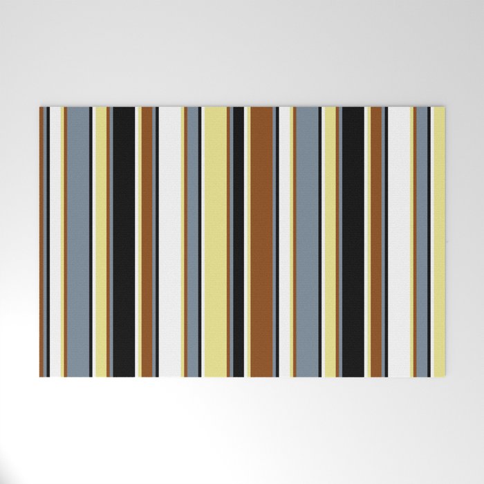 Eyecatching Light Slate Gray, Brown, Tan, White & Black Colored Lines/Stripes Pattern Welcome Mat