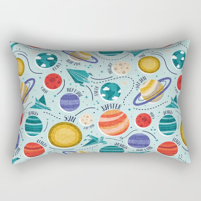 Paper space adventure I // aqua background multicoloured solar system paper cut planets origami paper spaceships and rockets Rectangular Pillow