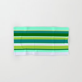 [ Thumbnail: Eyecatching Green, Teal, Dark Green, Aquamarine & Lavender Colored Striped/Lined Pattern Hand & Bath Towel ]