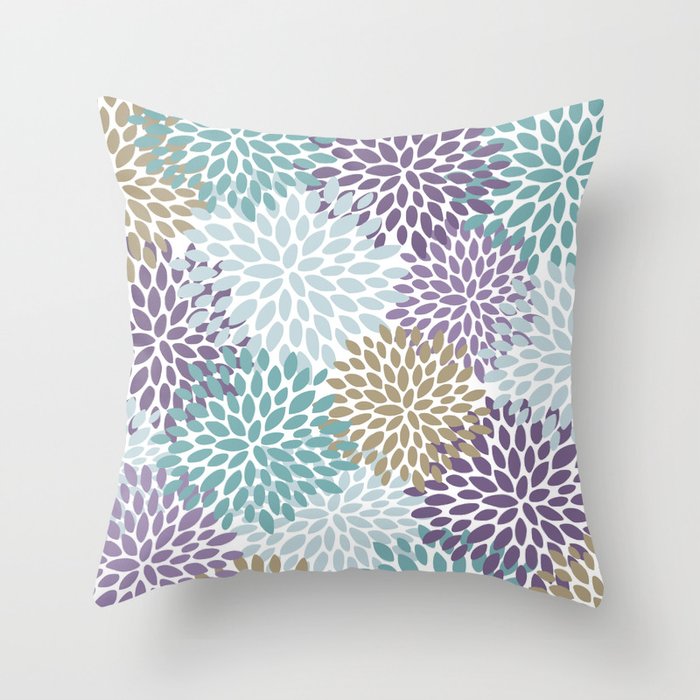 Floral Blooms, Purple, Teal, Gold Throw Pillow