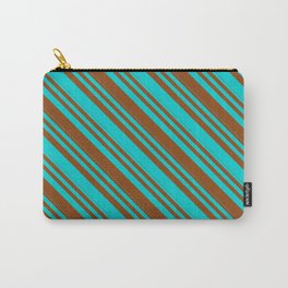 [ Thumbnail: Dark Turquoise & Brown Colored Lines/Stripes Pattern Carry-All Pouch ]