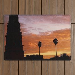 Mexico Photography - A Church And Two Palm Trees In The Sunset Outdoor Rug