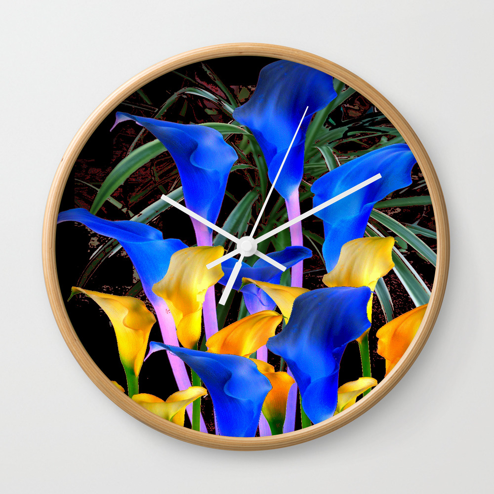 Black Modern Abstract Blue Gold Calla Lilies Wall Clock By