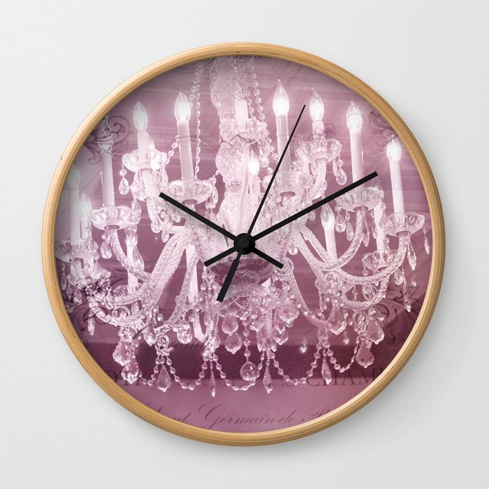 Paris Pink White Sparkling Crystal Chandelier Wall Art and Home Decor Wall Clock