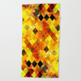 geometric pixel square pattern abstract background in yellow brown green Beach Towel