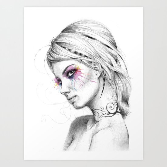 Beautiful Girl with Tattoos and Colorful Eyes Art Print
