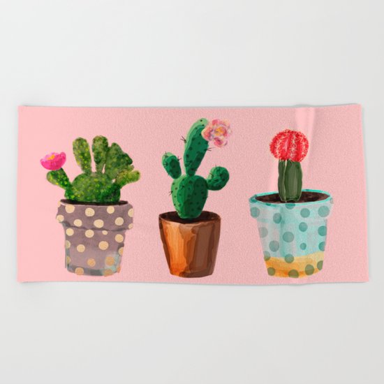 Three Cacti With Flowers On Pink Background Beach Towel