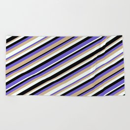 [ Thumbnail: Black, Slate Blue, Tan, and Mint Cream Colored Stripes Pattern Beach Towel ]