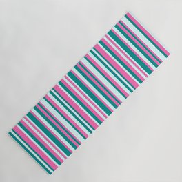 [ Thumbnail: Hot Pink, Dark Cyan & Light Cyan Colored Lines Pattern Yoga Mat ]