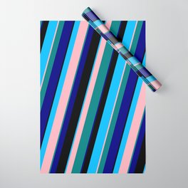 [ Thumbnail: Colorful Deep Sky Blue, Light Pink, Teal, Blue & Black Colored Lined Pattern Wrapping Paper ]