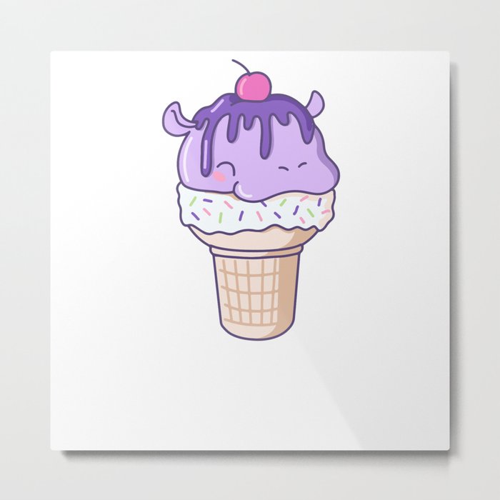 Funny Hippo Ice Cream Cute Kawaii Aesthetic Metal Print