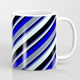 [ Thumbnail: Blue, Light Slate Gray, Light Cyan, and Black Colored Lined/Striped Pattern Coffee Mug ]
