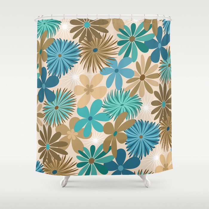 Funky Flowers In Teal Blue And Brown Shower Curtain By Elsysart