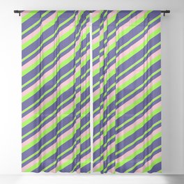 [ Thumbnail: Light Pink, Green, and Midnight Blue Colored Striped/Lined Pattern Sheer Curtain ]