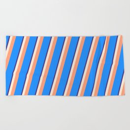 [ Thumbnail: Dark Slate Blue, Beige, Light Salmon & Blue Colored Pattern of Stripes Beach Towel ]