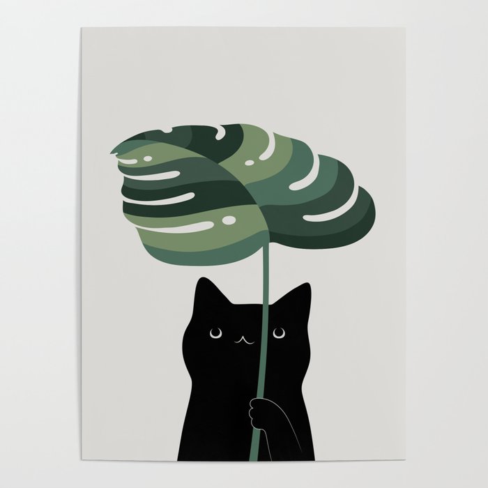 Cat and Plant 16 Poster | Drawing, Cat, Plant, Monstera, Leaf, Cat-and-plant, Black-cat, Green, Indoor-plant, Home-plant