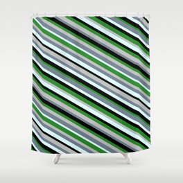 [ Thumbnail: Eye-catching Forest Green, Grey, Slate Gray, Light Cyan & Black Colored Lined/Striped Pattern Shower Curtain ]