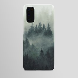 Green misty mountain pine forest in cloudy and rainy - vintage style photo Android Case