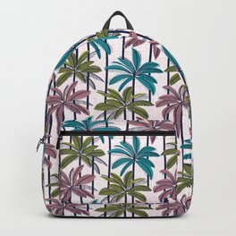 Retro Palm Springs vibes // white background highball green peacock blue and dry rose palm trees oxford navy blue lines Backpack