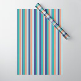 [ Thumbnail: Light Sea Green, Dark Slate Blue, Powder Blue, and Dark Salmon Colored Striped Pattern Wrapping Paper ]