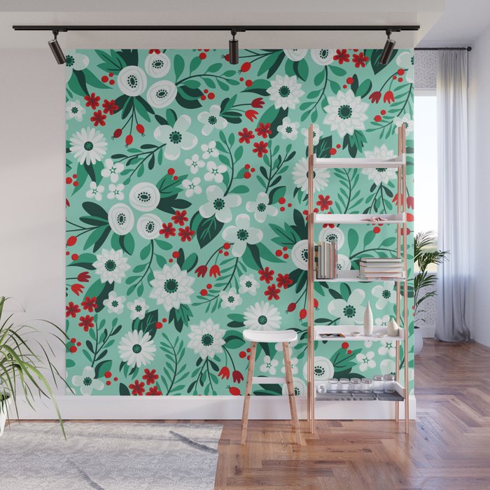Modern Winter Holiday Floral Wall Mural